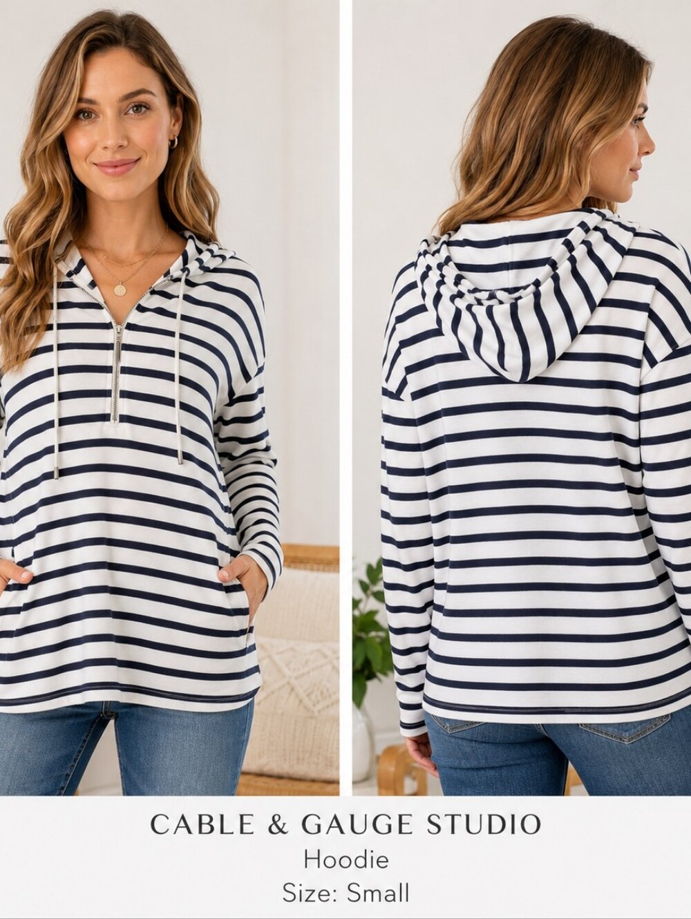 Cable & Gauge Navy & White Striped Half-Zip Hoodie